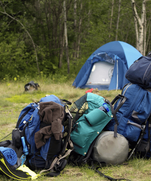 Too many camping bags and gear scattered on the ground near a camper's site in the forest