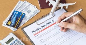 Illustration of a traveler holding a shield with an airplane icon, symbolizing comprehensive travel insurance coverage and protection while abroad – Travel Insurance Guide"