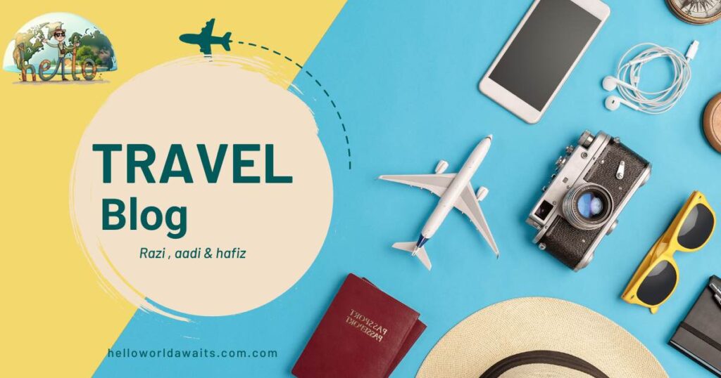 Travel blog concept showing airplane, camera, and essential travel tools on a wooden surface.