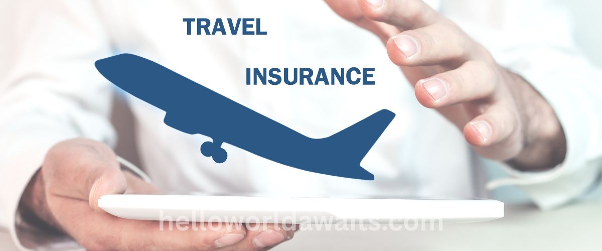 A conceptual image of a person holding a tablet with a blue airplane icon and the text "TRAVEL INSURANCE" floating above it.