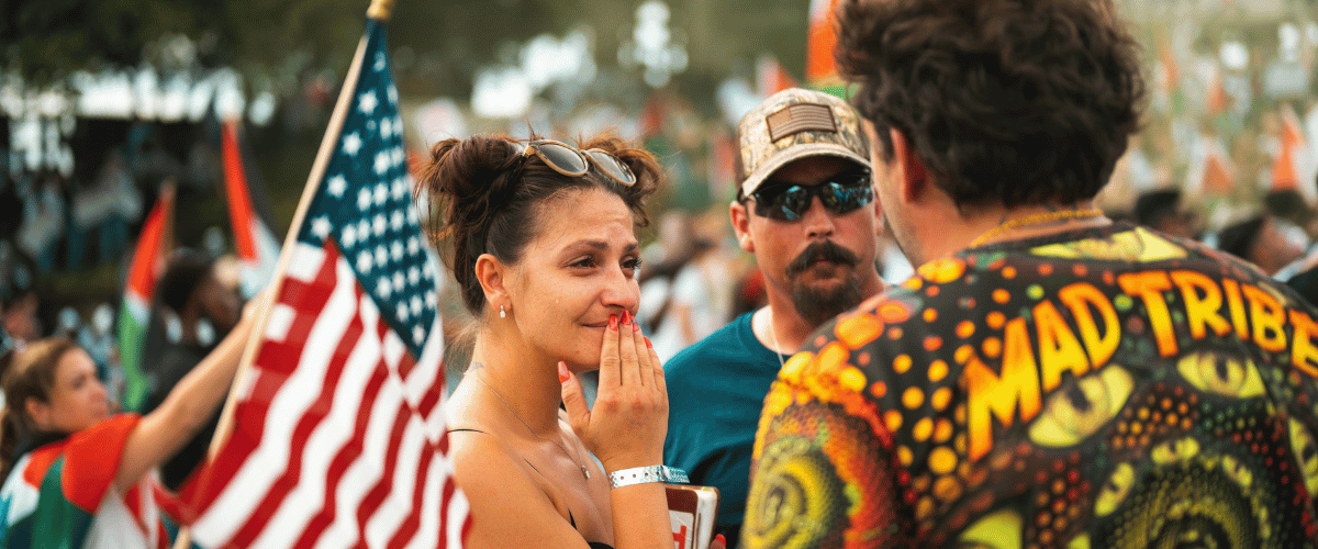 a festival momnent showing in the usa a lady with her hand on the face