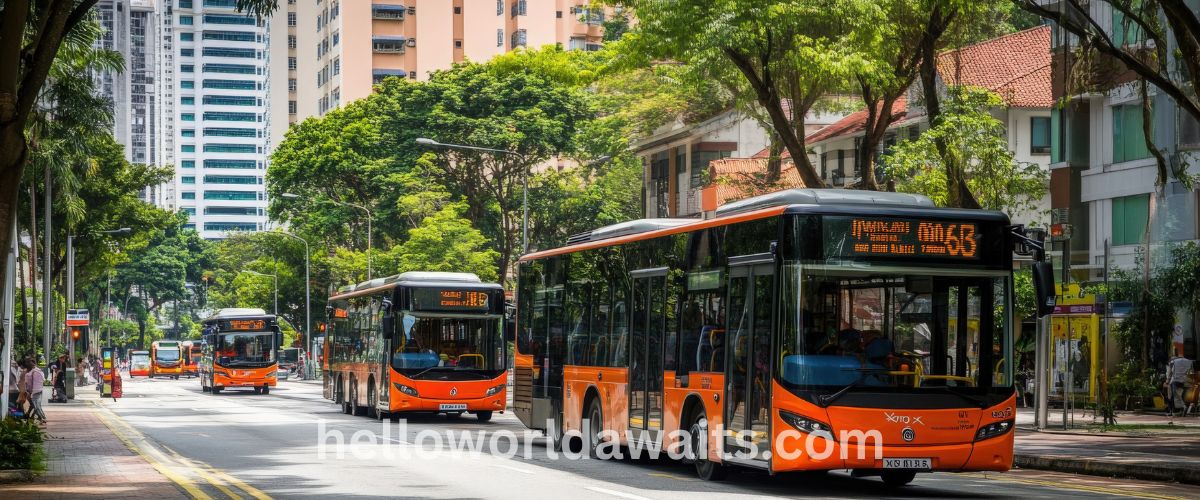 Modern orange and black public buses driving through a lush, tree-lined street in Singapore with high-rise buildings in the background