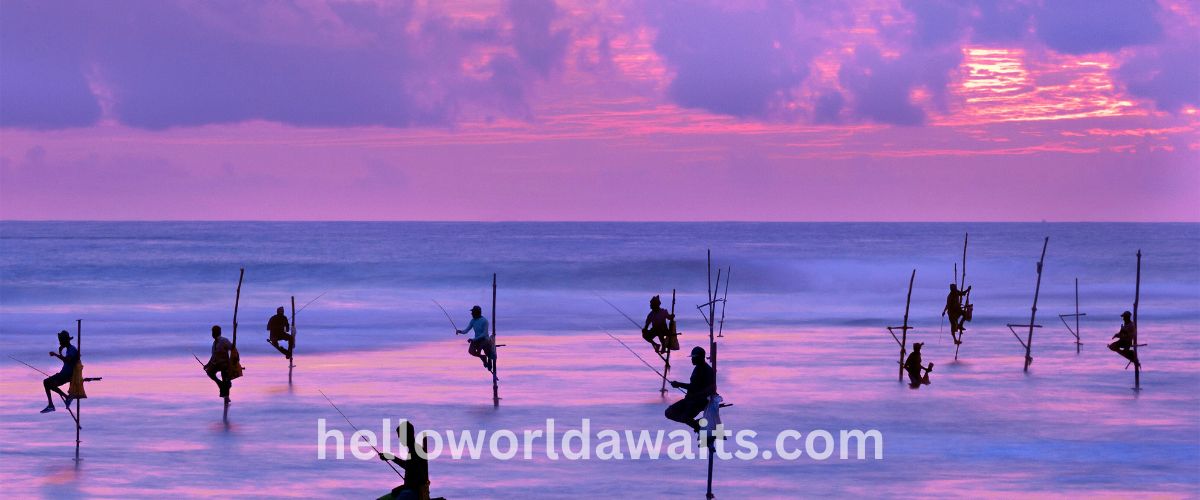 Silhouetted stilt fishermen casting nets in the ocean during a vibrant purple and pink sunset in southern Sri Lanka. The traditional "Ritipanna" fishing method is showcased against a misty, atmospheric sea and cloudy twilight sky.