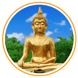 A circular-framed image of a traditional Thai Buddha statue covered in gold leaf, positioned outdoors against a backdrop of lush forest and a bright sky.