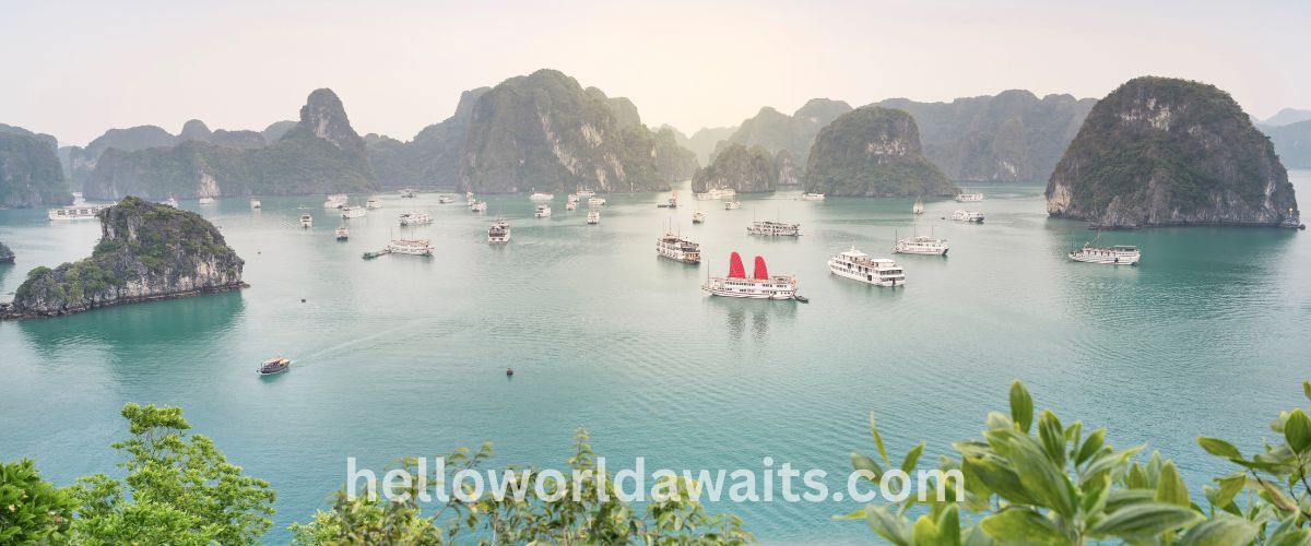 A panoramic landscape of Ha Long Bay featuring a wide expanse of turquoise water dotted with numerous white tour boats and cruise ships. One prominent boat in the center features bright red traditional sails. The background is filled with large, shadowed limestone karsts under a soft, hazy sky, and green foliage is visible in the immediate foreground. The text "helloworldawaits.com" is overlaid at the bottom.