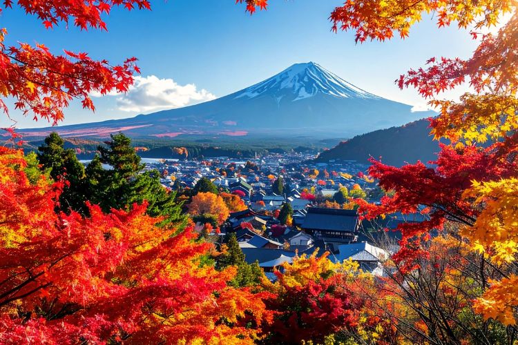 Panoramic view of Mount Fuji with a snow-capped peak, framed by vibrant red and orange autumn maple leaves overlooking a Japanese village and Lake Kawaguchi.