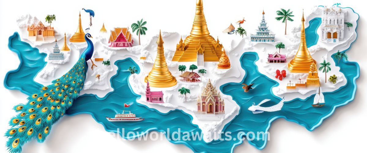 A stylized 3D map of Myanmar featuring golden pagodas, traditional buildings, a peacock, and a boat set against a bright blue water-like border.