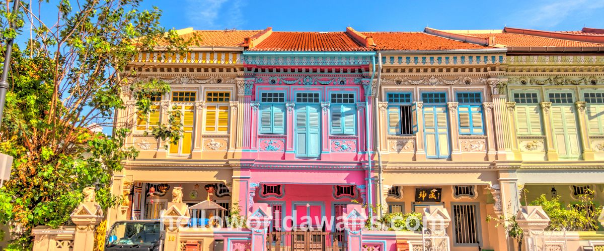 A row of historic Peranakan shophouses on Koon Seng Road in Singapore, featuring vibrant pastel-colored facades, intricate floral tiles, and traditional wooden shutters.