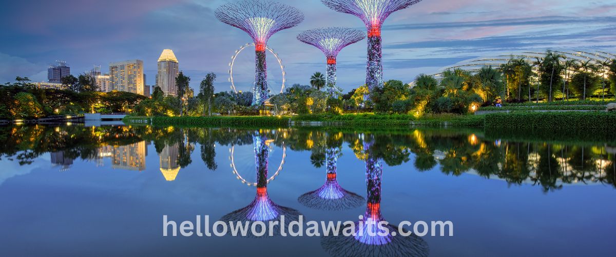 Illuminated Supertree Grove at Gardens by the Bay reflected in the water at twilight, with the Singapore Flyer and city skyline in the background.