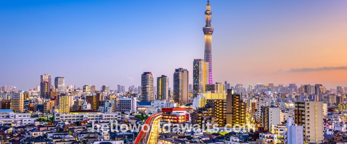 Panoramic view of the Tokyo skyline at sunset, featuring the illuminated Tokyo Skytree towering over a dense cityscape of high-rise buildings and residential neighborhoods under a clear gradient sky.