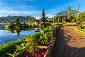 Scenic view of Pura Ulun Danu Bratan temple during sunrise, Bali, Indonesia