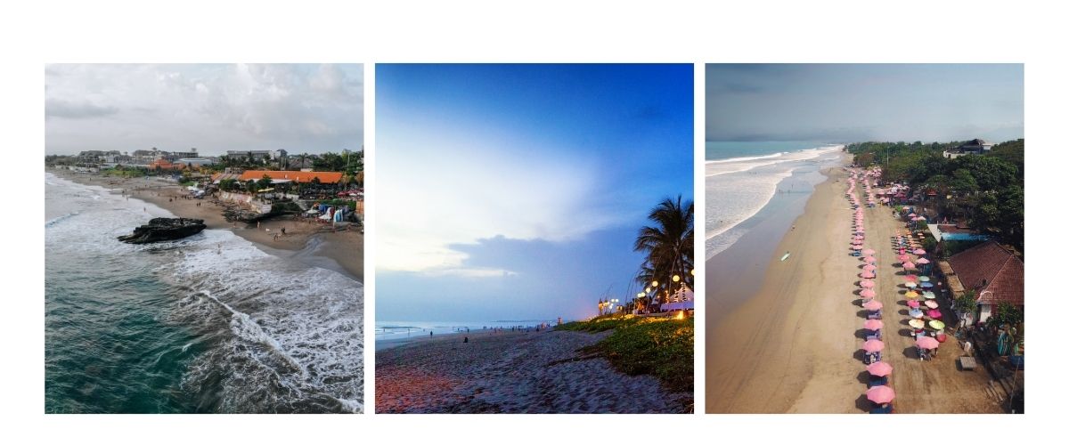 Three-panel collage of Seminyak and Canggu beaches in Bali: an aerial view of waves near a rocky coastline, a twilight beach scene with string lights and palm trees, and an aerial shot of a beach club lined with colorful umbrellas