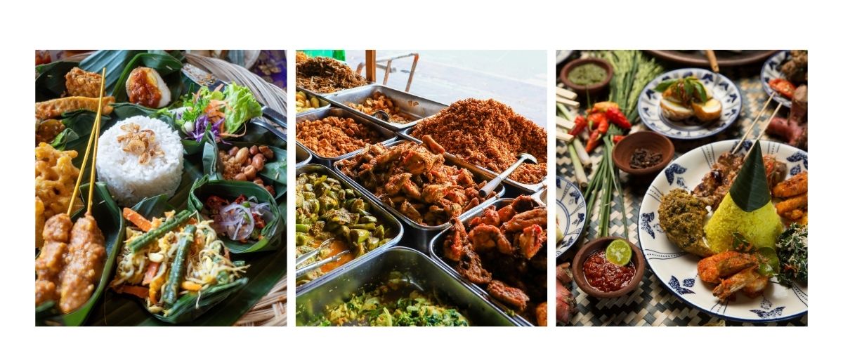 Three-panel collage of traditional Balinese cuisine: nasi campur served on a banana leaf with satay and vegetables, a warung display of various cooked side dishes, and a plated meal with lemongrass skewers, sambal, and rice