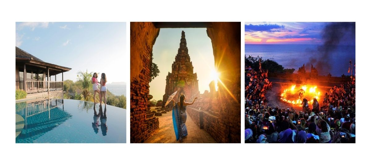 Three-panel collage illustrating Bali travel costs in 2026: friends relaxing by an infinity pool villa, a traditional dancer at a sunlit stone temple, and a crowd watching the fire dance Kecak performance at sunset.