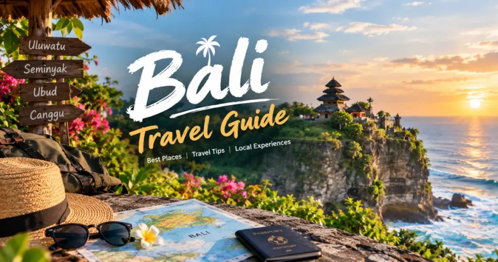 Bali travel guide — Uluwatu temple sunset with travel map and passport