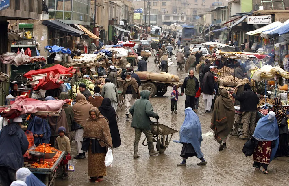 Street market scene with vendors in Afghanistan