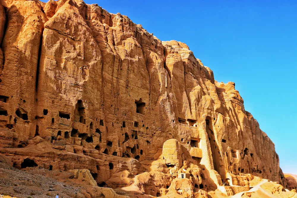 Ancient cave niches carved into Bamiyan Valley cliffs, Afghanistan