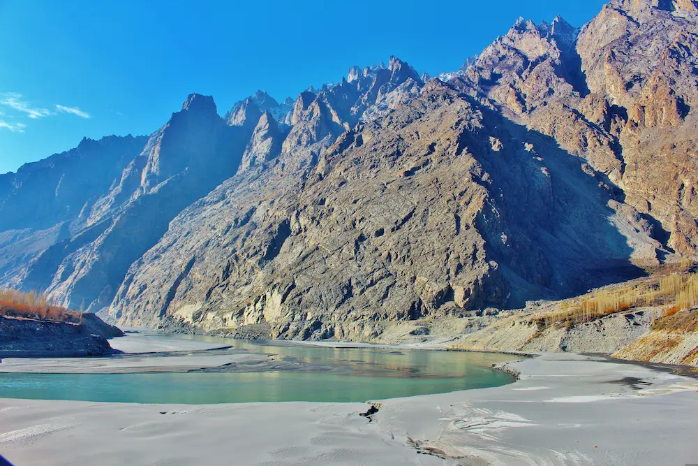 Passu Cones mountains alongside the turquoise Hunza River in Hunza Valley Pakistan